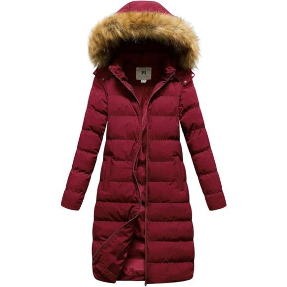 Long Winter Faux Fur Coat Puffer Warm Jacket with Detachable Hood